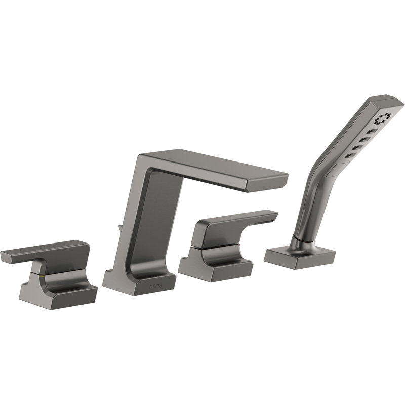 Pivotal Double Handle Deck Mounted Roman Tub Faucet with Optional Handshower, Black Stainless, With Handheld Shower