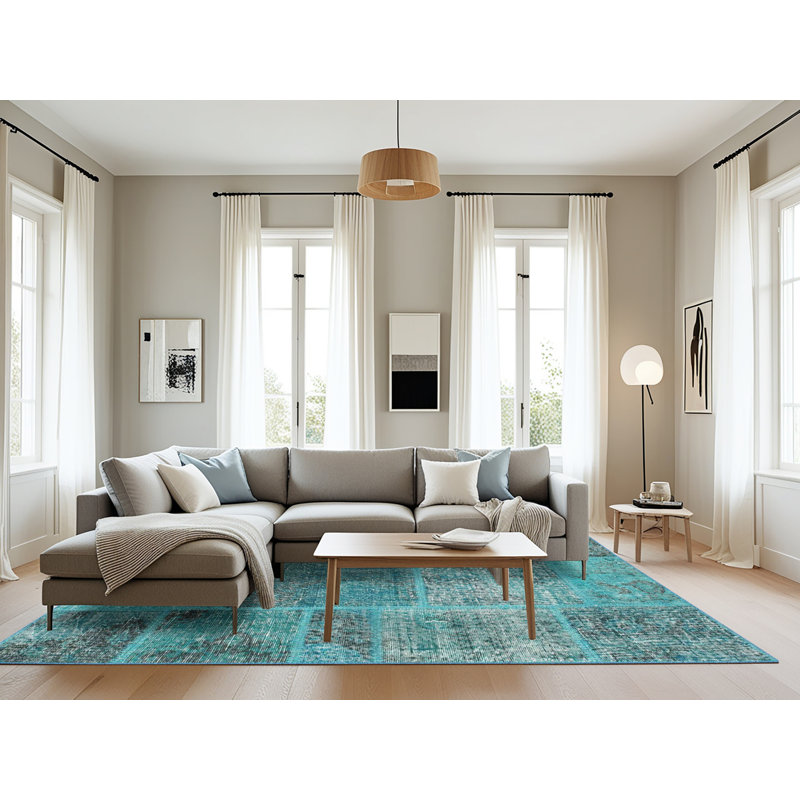 Tapis bleu ciel contemporain/zone blanche Basque, Rectangle 8 pi x 12 pi