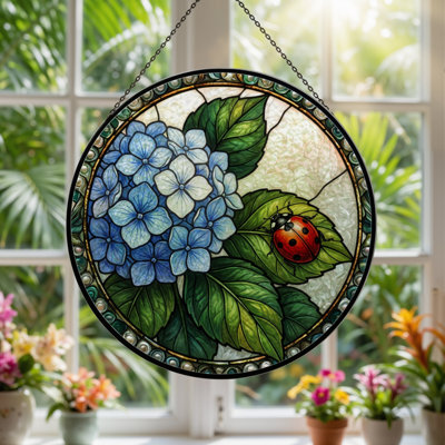 7.8"H Hydrangea Ladybug Stained Glass Window Panel