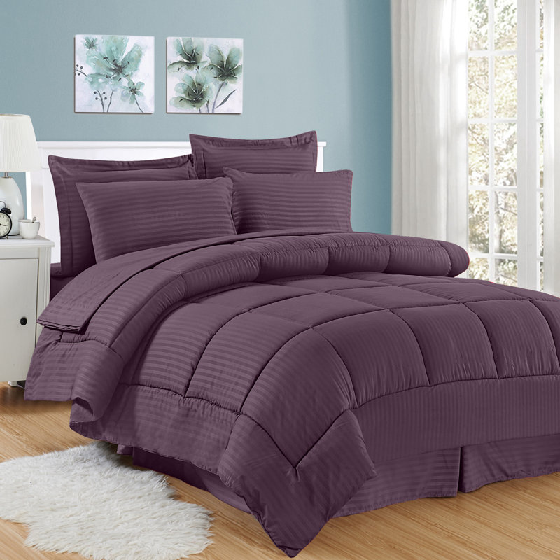 Dobby Stripe Embossed Bed In a Bag Comforter Set, Eggplant, King Comforter + 7 Additional Pieces