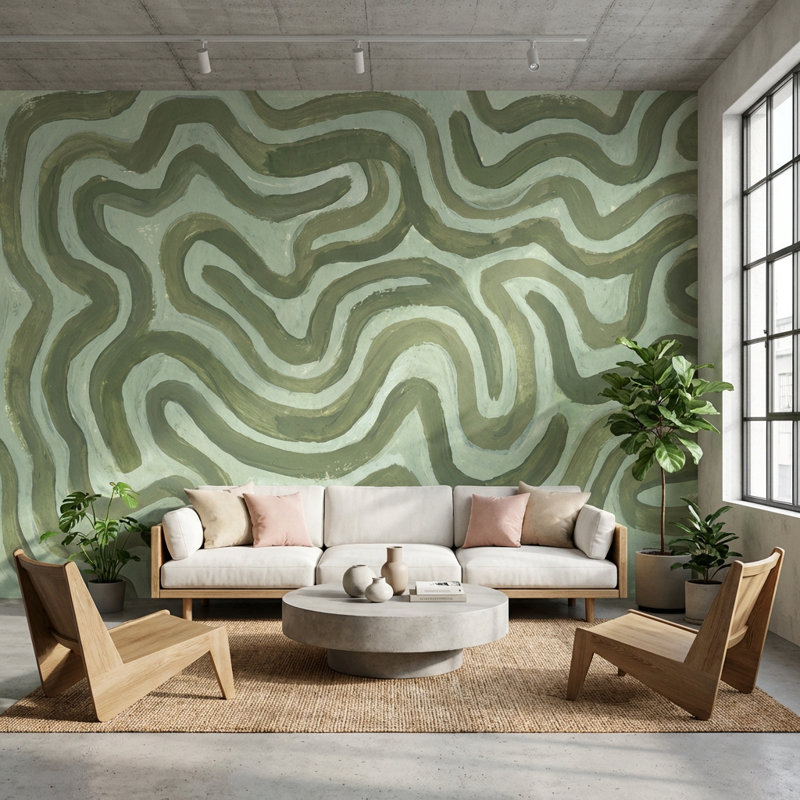 Murale abstraite apaisante de papier peint vert, Peler et coller, 120" x 96"