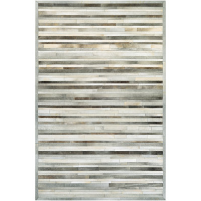 Malbork Striped Gray Ivory Handmade Cowhide Area Rug