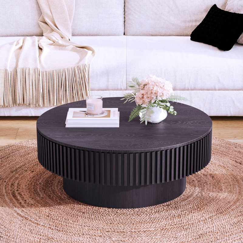 Table basse 31,5 "ronde avec rangement Table d'appoint moderne en placage de bois massif pour salon, chambre à coucher, appartement ou bureau, noir