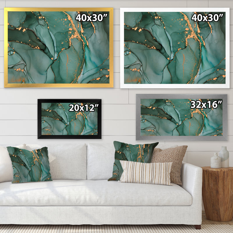 Turquoise et gris luxueux abstrait fluide IV - peinture sur toile, H 30 po x l 40 po x P 1,5 po, Cadre photo argenté