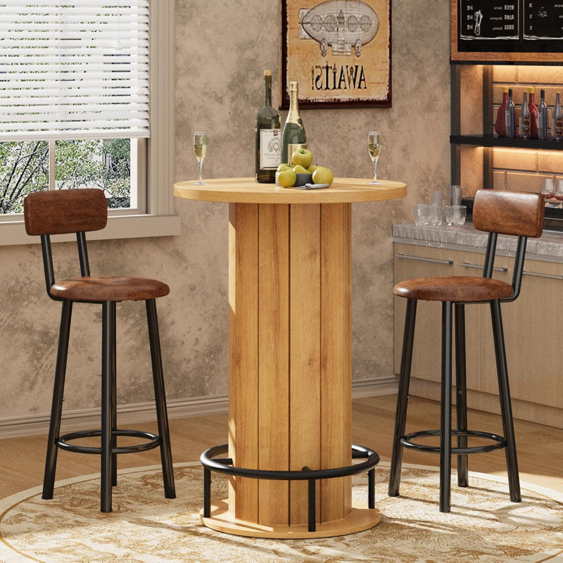 Table de bar ronde avec repose-pieds en anneau en métal pour le bar et la cuisine, table bistro en bois, grande table basse pour petits espaces (table seulement), naturel