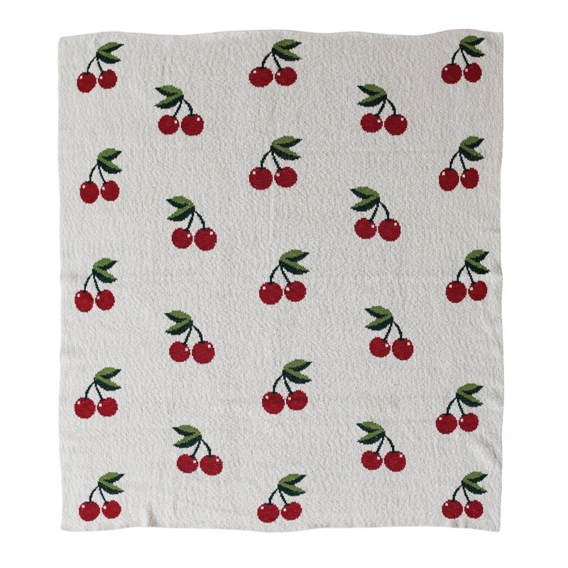 Cotton Knit Throw Blanket With Cherry Motif