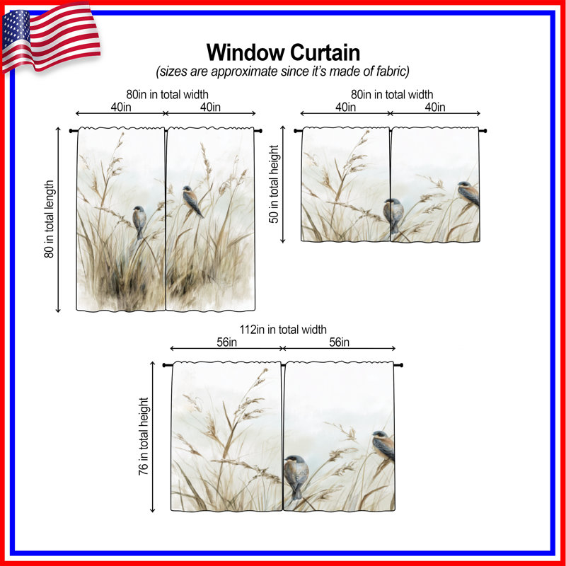 Two Birds On Grass Window Curtains Birds Sheer & Room Darkening - 2 Panels, 20 po x 80 po - 2 panneaux, Sheer