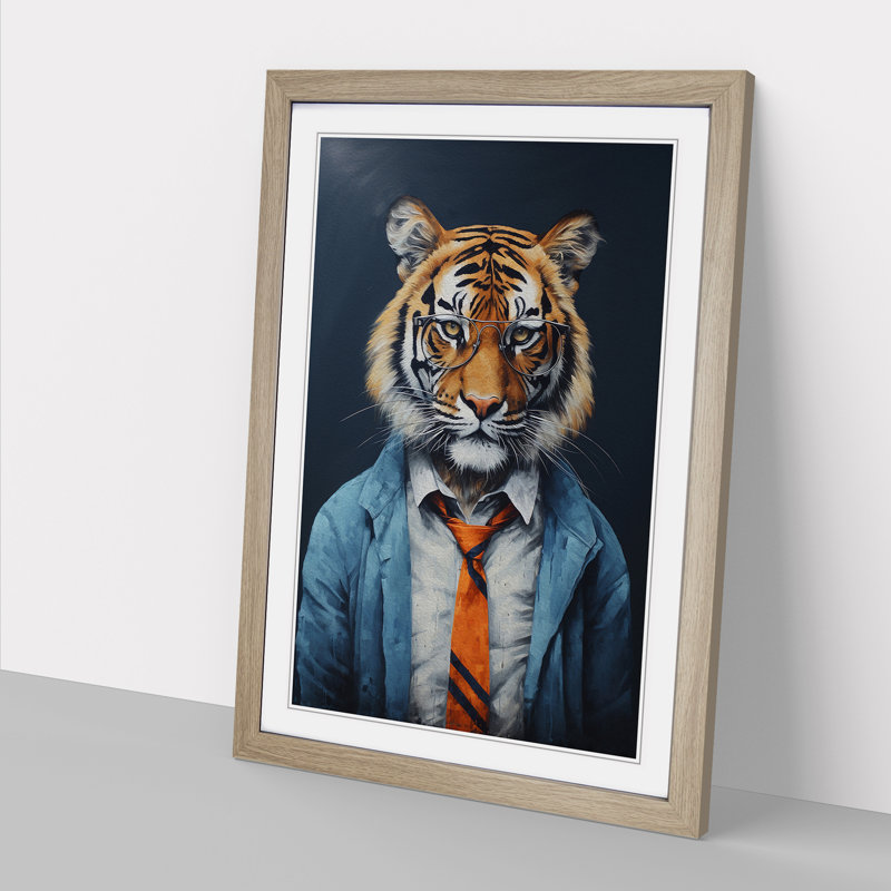 XYZ-FRM-V1223-1641 Tiger With Glasses Painting No.3 - Single Picture Frame Print on Wood, 64cm H x 46cm W x 2cm D, Oak