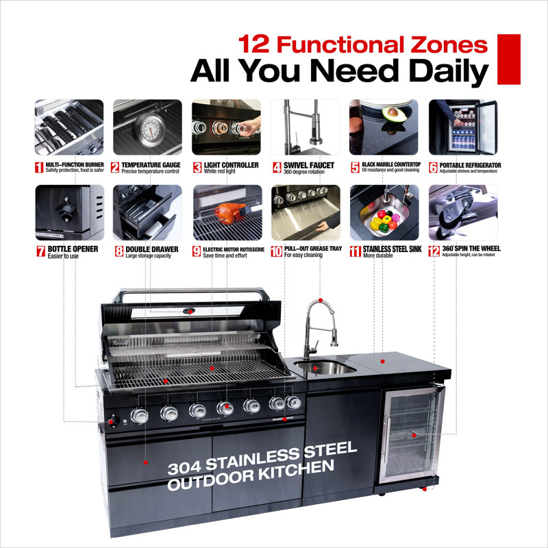 Îlot de cuisine de 43 pouces à 6 brûleurs et 85 000 BTU de cuisine au gaz en acier inoxydable pour barbecue et îlot de cuisine + réfrigérateur à vin compact + ensemble de rôtisserie + comptoirs en granite + évier en acier inoxydable