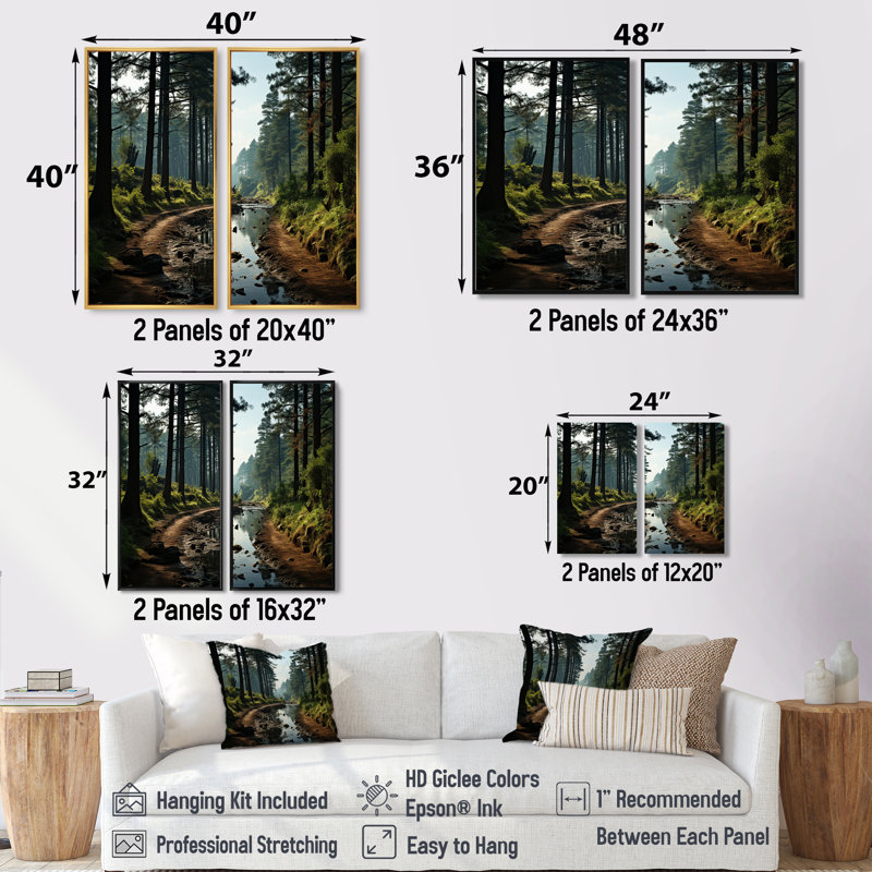 Enchanted Pine Tree Forest - impressions florales de pin sur toile, 36" H x 48" W, Impression encadrée flottante, White