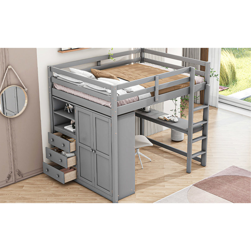 Lit mezzanine double en bois avec garde-robe intégrée, bureau et rangement dans des tons de gris Options polyvalentes, Gris