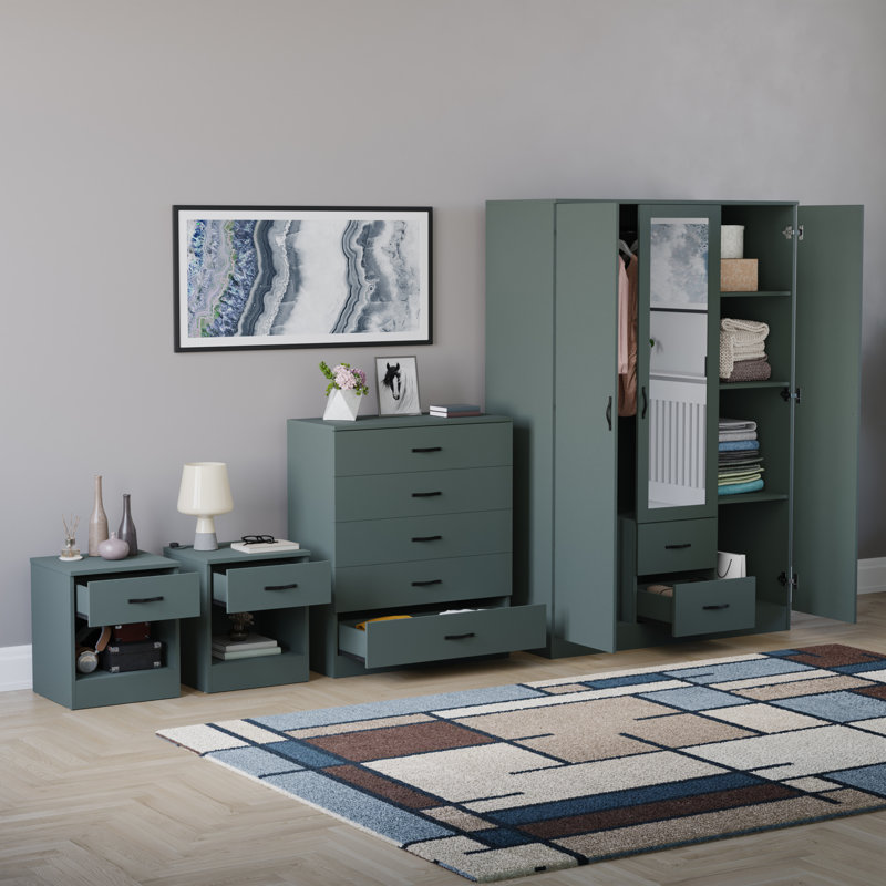 Tayce 4 Piece Bedroom Set (1 Drawer Bedside Chest X2, 5 Drawer Chest, 3 Door 2 Drawer Mirrored Wardrobe), Green