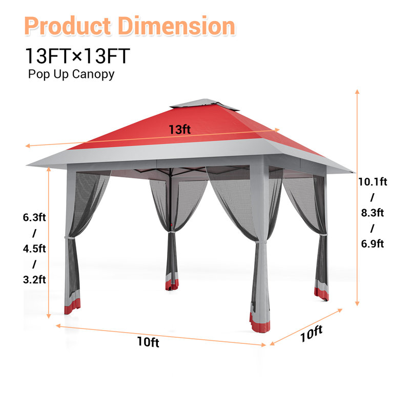 13x13 Pop-Up Gazebo with Double Roof and Mosquito Netting – Waterproof UV-Resistant Patio Canopy Tent, Red