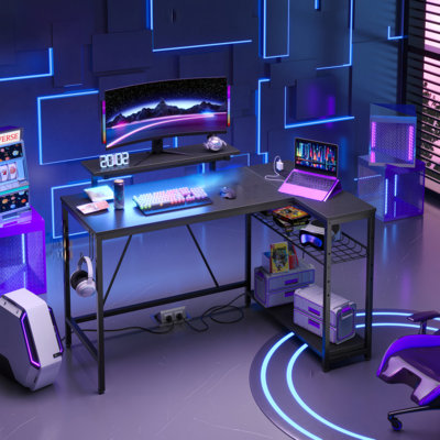 Thielsen 48" L Shaped Computer Desk with Power Outlet, LED Gaming or Work Desk with Monitor Stand