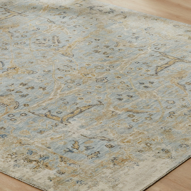 Blooma Wool Oriental Area Rug in Light Blue; Gold; Gray, Runner 2'6" x 8'