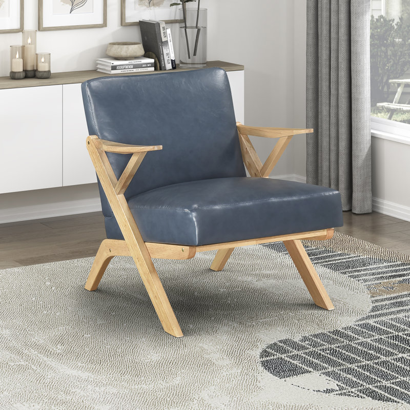 Granby 26.5" Mid-Century Modern Accent Chair - Easy-Care Faux Leather Upholstery, Durable Solid Rubberwood Frame, Natural