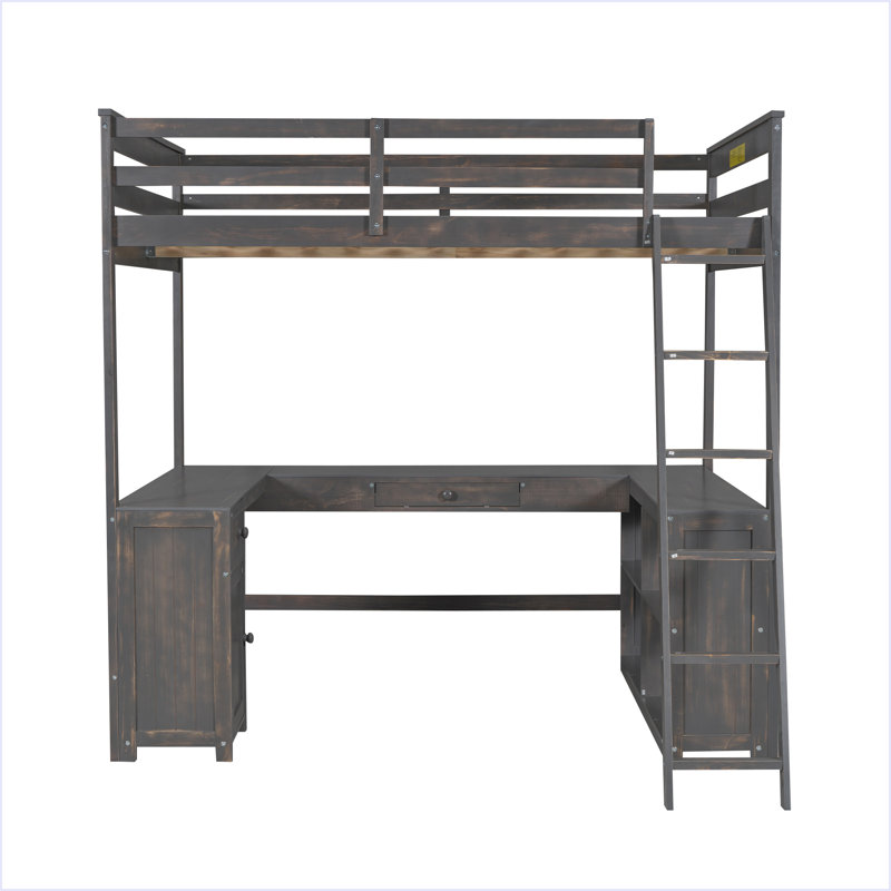 Lit mezzanine avec bureau en U, tiroirs et tablettes de rangement, Brun antique, Double