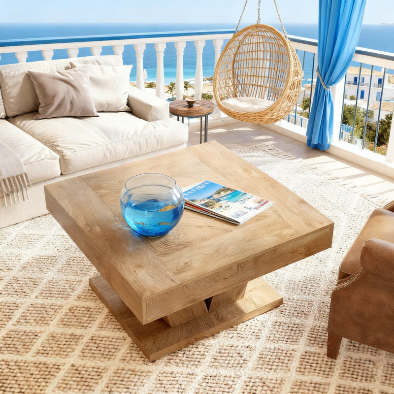Table basse carrée en bois avec rangement à deux niveaux, conception rustique moderne pour le salon, pieds de nivellement réglables pour plus de stabilité