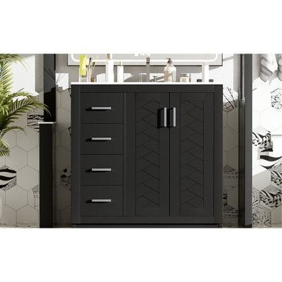 Meuble-lavabo de 36 po avec lavabo en céramique, cadre en bois massif, charnières, rangement spacieux pour divers articles, style rétro, poignée en métal exquis, glissière à tiroir lisse, armoire à cadre polyvalente de 36 po