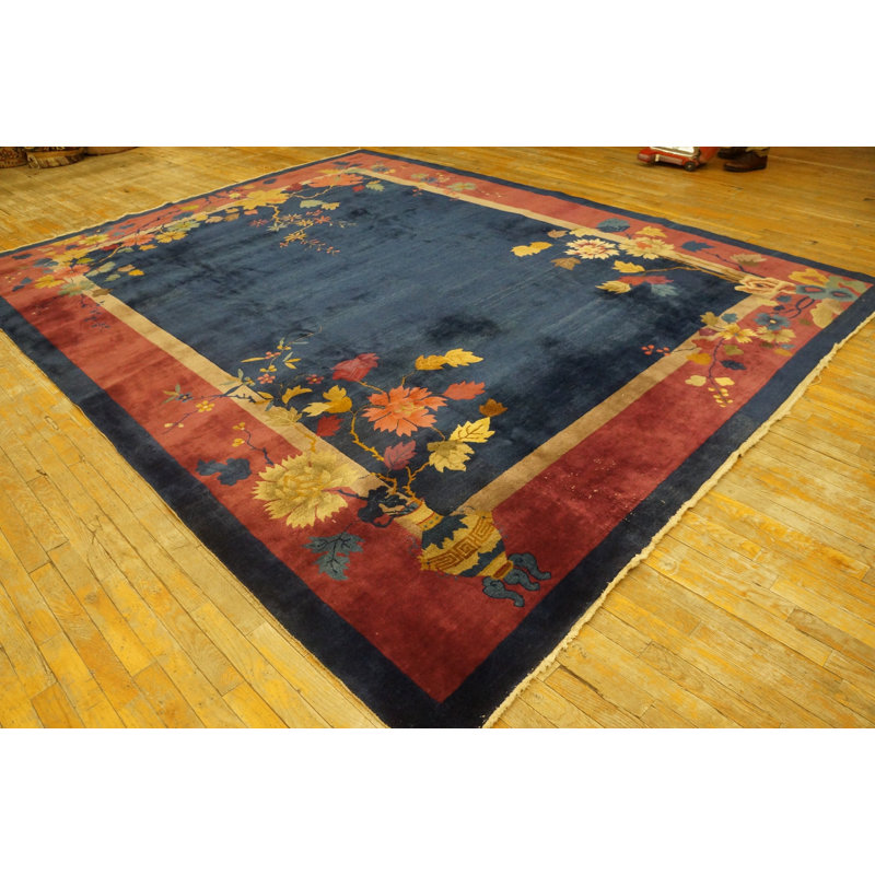 Antique Navy Blue Field Color Floral Art Deco Chinese Allover Rug