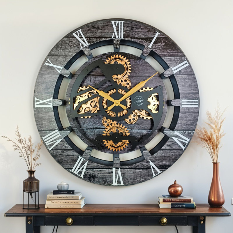 Horloge murale ronde surdimensionnée de 24 po pour le salon avec la collection Real Gear Gears Canada, Gris carbone