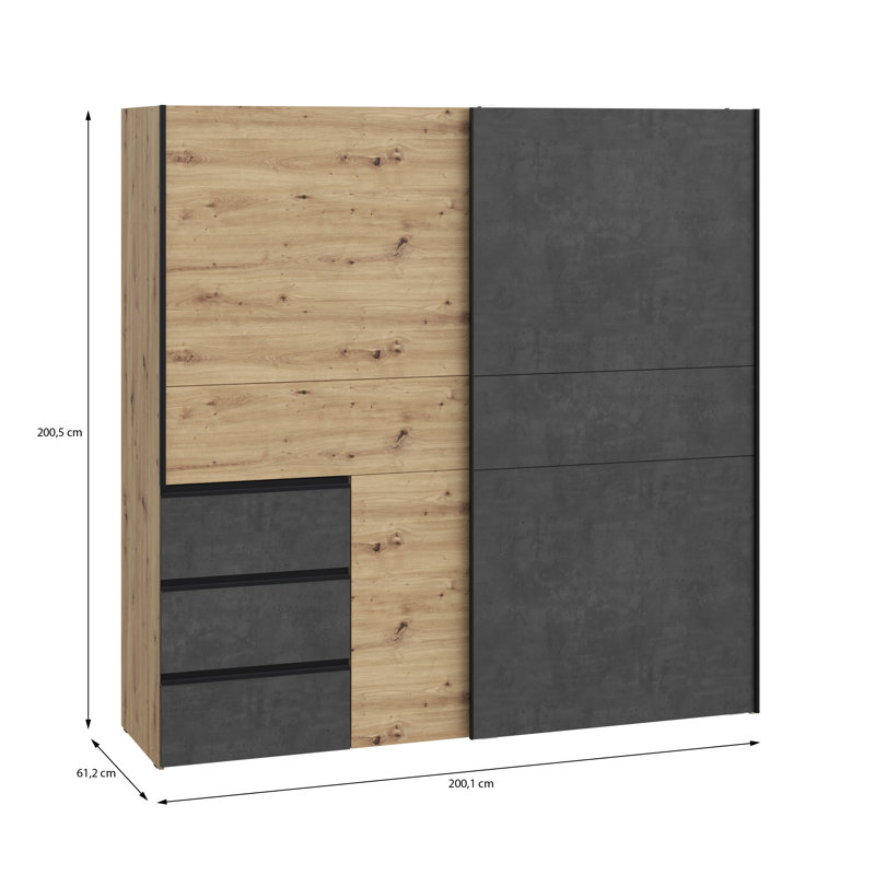 Kavalli 2 Door Sliding Wardrobe, 200,5 cm H x 200,1 cm W x 61,2 cm D, Artisan Eiche/Grey