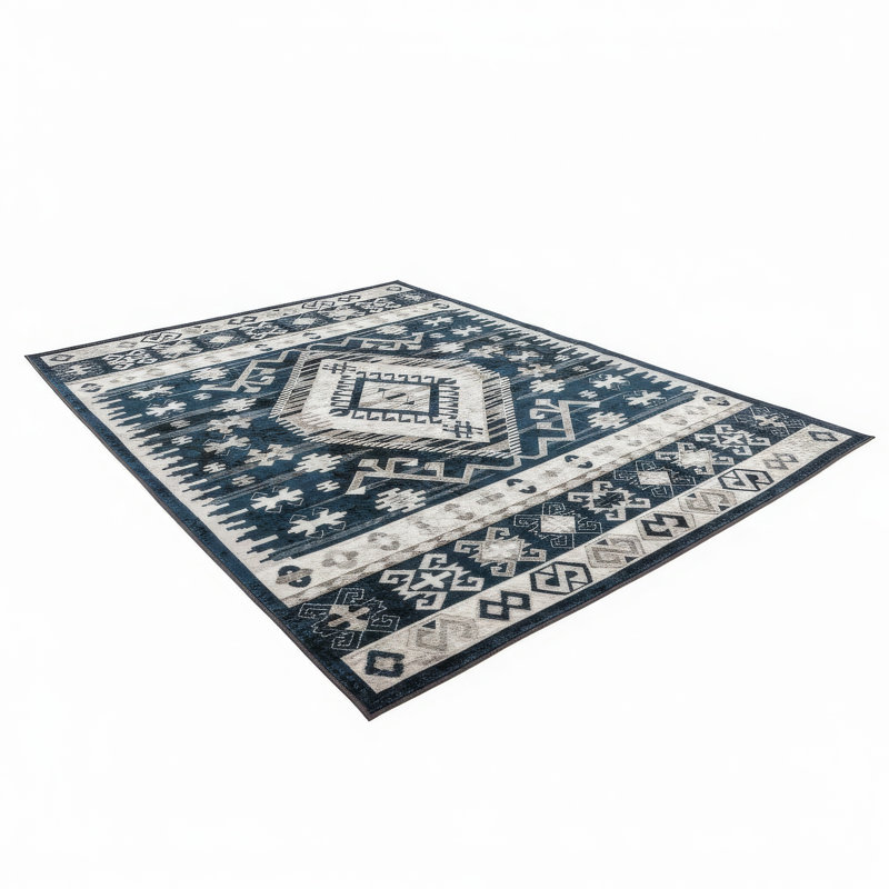 Jena 6X9 Large Area Rug, Persian Geometric Design, Modern Retro Black Blue, Rectangle 6' x 9'