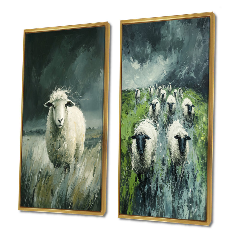 «Stormy Pasture Of Sheep I», art mural 2 panneaux, 32" H x 33" W, Cadre flottant doré