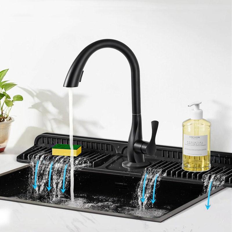 2025 New Silicone Faucet Mat For Kitchen Sink, 7° Slope Self-Draining Splash Guard With Snap Button Lock, Fast Drying Adjustable Sink Tray