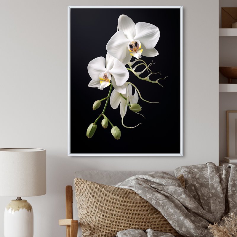 Orchidée délicate noire et blanche - décoration murale orchidée, H 32 po x l 24 po x P 1 po, Cadre flottant blanc