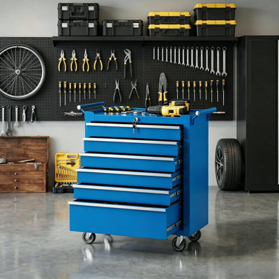6-Drawer Rolling Tool Chest with Lock & Wheels, Heavy Duty Metal Toolbox Cart with Liners, Portable Mobile Storage Organizer for Garage & Workshop, Blue