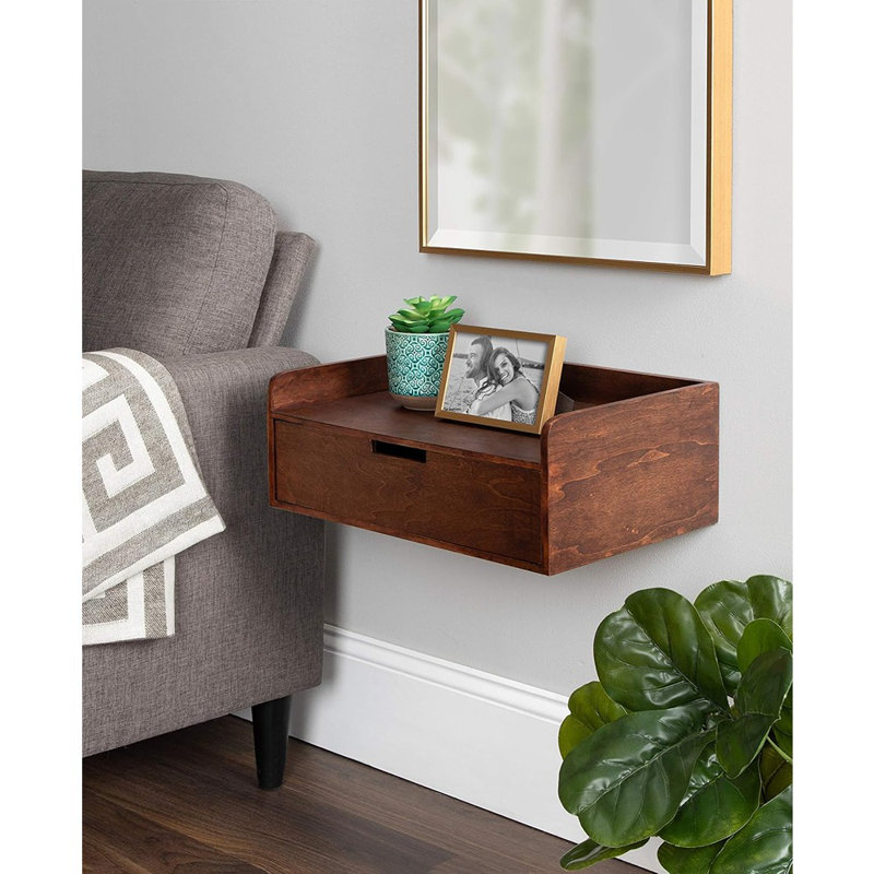 Kitt Modern Floating Wall Shelf Side Table With Drawer, 18" X 12" X 6.5", Walnut