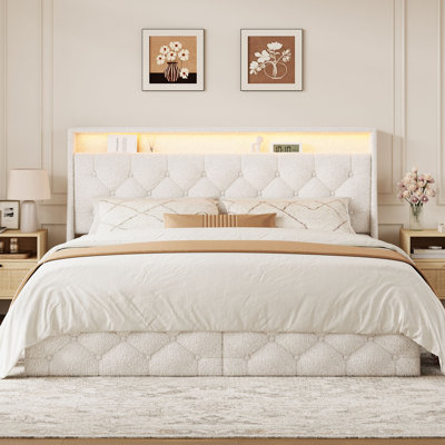 Lit plateforme tapissier grand avec 2 tiroirs, tête de lit capitonnée à oreilles et éclairage DEL