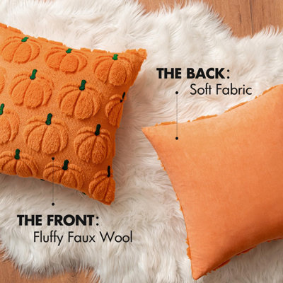 Fall Pumpkin Pillow Covers Fall Decor Orang Green Stem 18x18Decorative Autumn Harvest,Fall Decorations for Home,Set of 2,Soft Plush Faux Fur,Farmhouse Halloween Porch Coach Bedroom