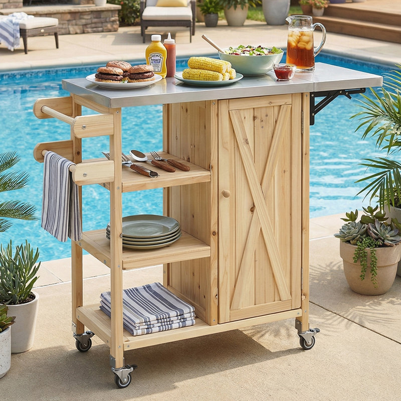 Foldable Outdoor Kitchen Island with Lockable Wheels, Storage Cabinet, and Towel Rack for Patio and Compact Spaces, Natural