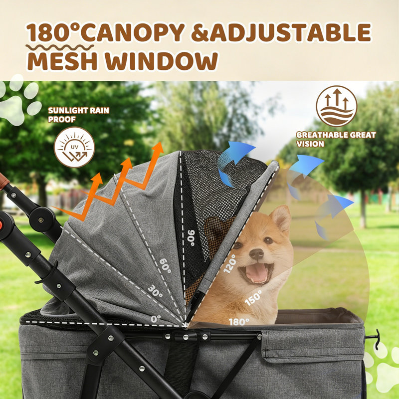 Poussette pour chien pour petits et moyens chiens, poussette pour animal de compagnie pour 2 petits chiens avec poignée et auvent réglables, très grand, pliable et ventilé, organisateur de rangement