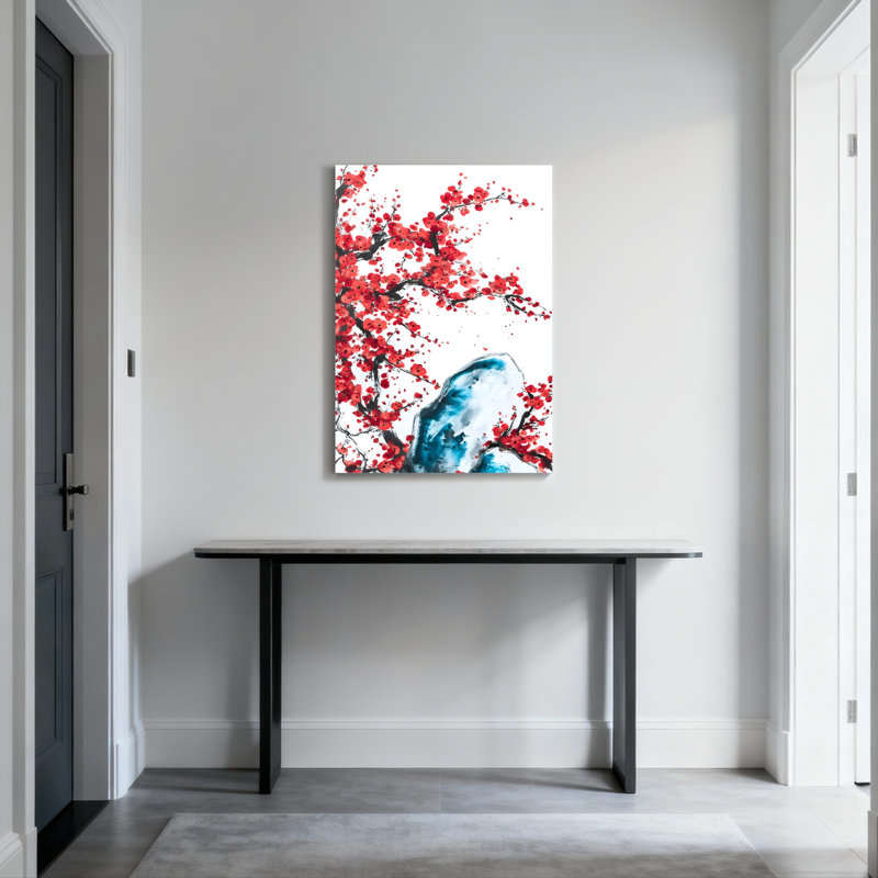Ensemble de 1 tableau sur toile tendue représentant des fleurs de prunier rouges et des rochers bleus, H 18 po x l 12 po
