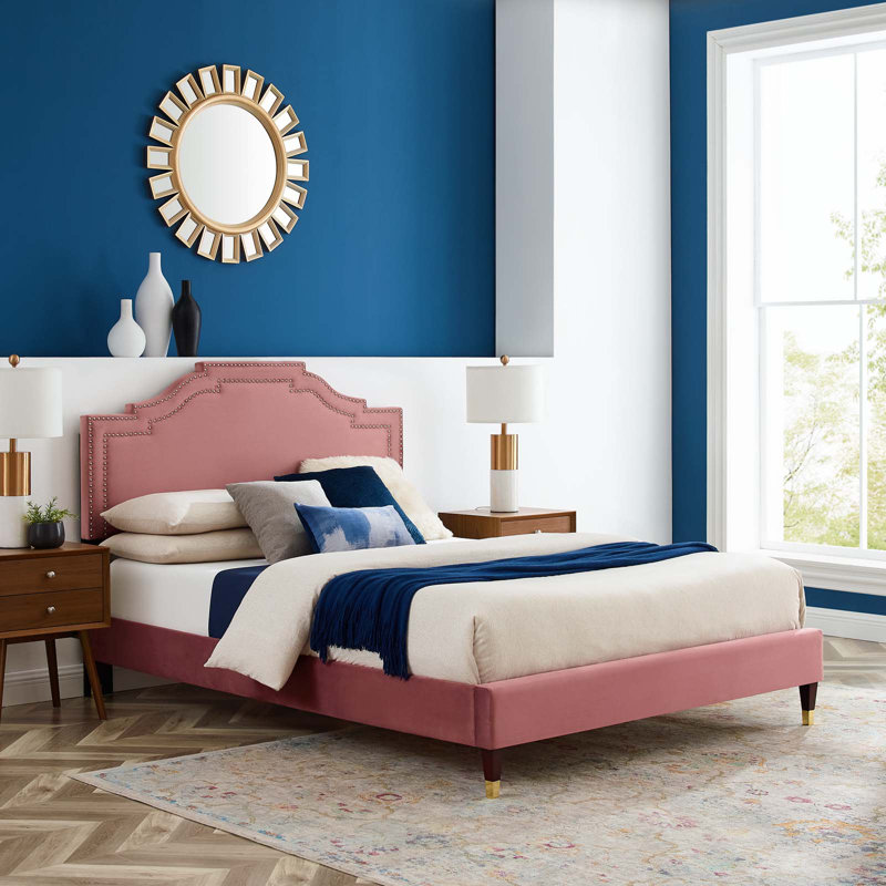 Adelaide Performance Velvet Platform Bed, Queen, Dusty Pink