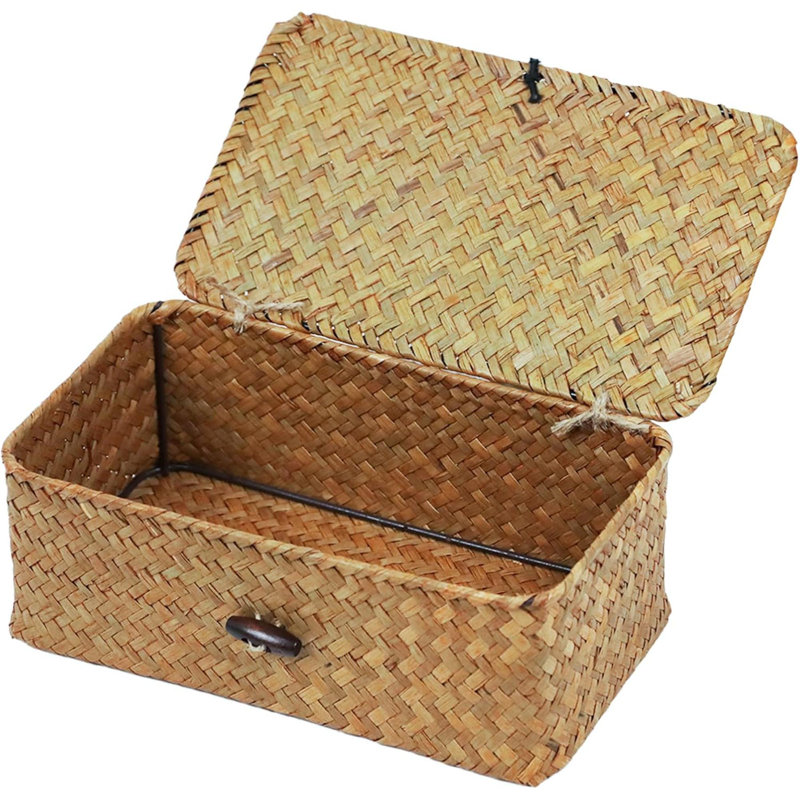 Wicker Storage Basket With Lid, Natural Seagrass Storage Baskets For Organizing, Rectangular Woven Basket For Storage, Decorative Boxes Bins With Lids Home Organizer Decor