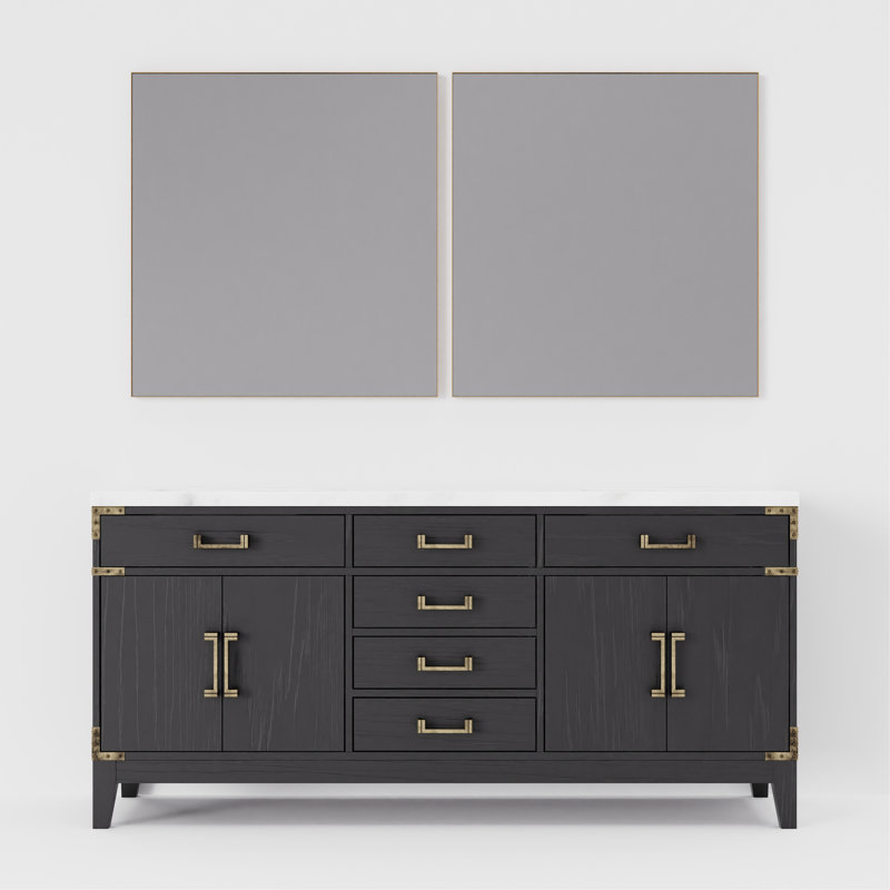 Meuble-lavabo double l 72 po x P 22 po avec miroirs Laurel, Chêne noir, Marbre de Carrare blanc