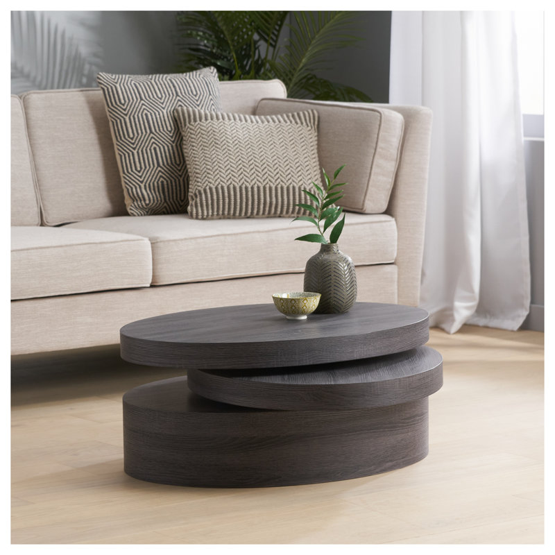 Table basse rotative Modernesque en noir mat avec plateau ovale en bois d'ingénierie