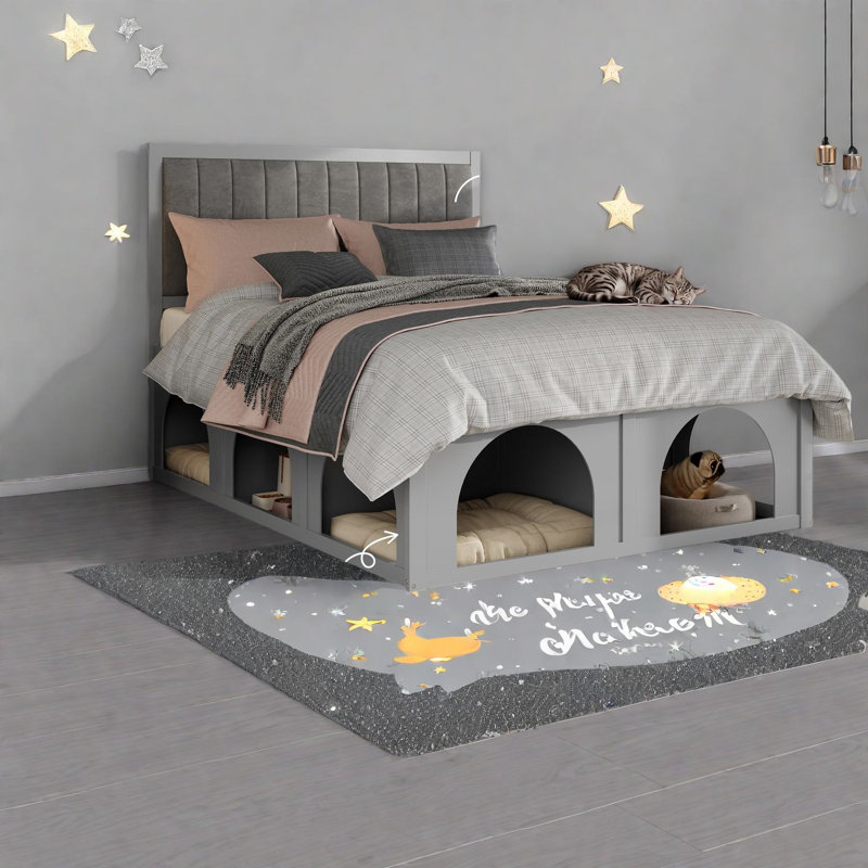 Lits grand lit avec rangement pour animaux de compagnie, panneau de fibres à densité moyenne rembourré, maison moderne, Gris