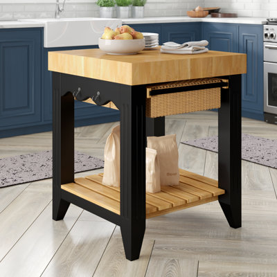 Behling Solid Butcher Block Kitchen Island with Baskets and Storage Shelf