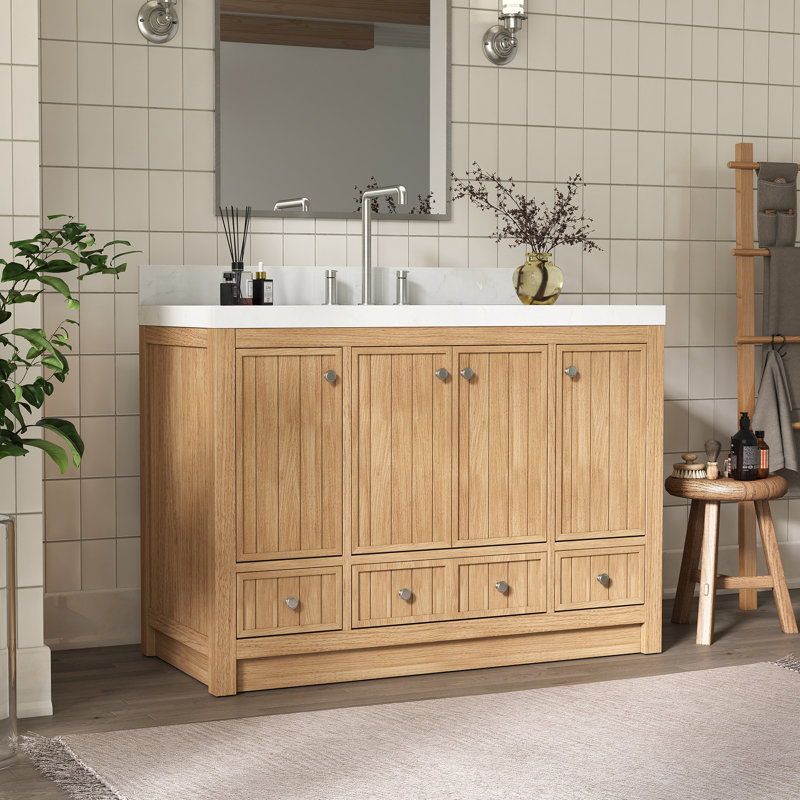 Meuble-lavabo fonctionnel de 48 po avec fermeture en douceur et dosseret, aucun assemblage requis et facile à nettoyer