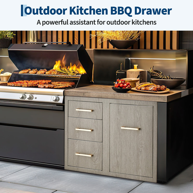 Armoire à tiroirs pour la cuisine extérieure, rangement en acier inoxydable brossé résistant aux intempéries avec grain de bois, montage encastré pour les outils de propane et de barbecue, sans perceuse, magnolia, 30 po x 22 po