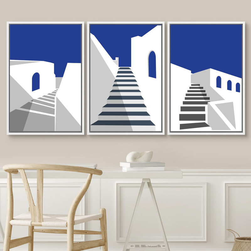 " Mediterranean Greece Blue Architecture Places Country Illustration Modern Bohemian Scenic Ultra " 3 Piece Art Print, Blanc