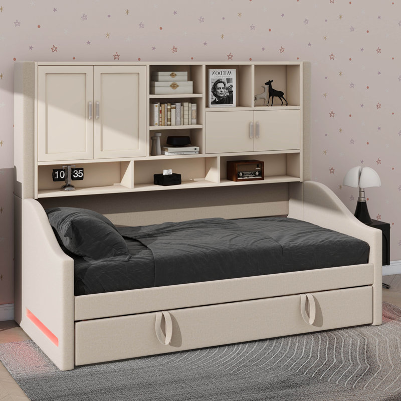 Lit de jour simple rembourré, livré avec lit gigogne relevable, Beige