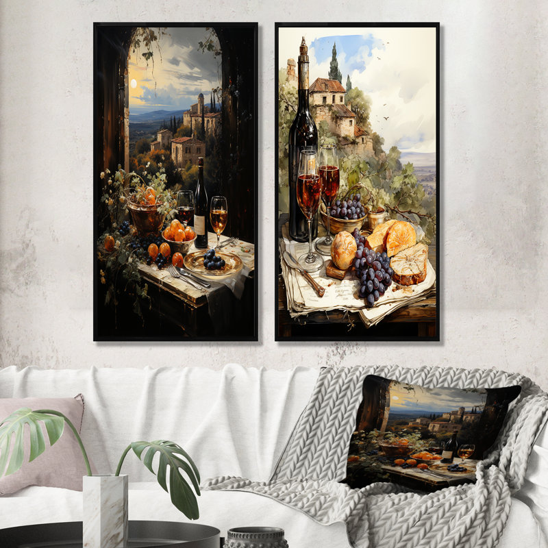 «Italian Wine Savory Journey - Wine», ensemble de 2 reproductions d'art mural, Cadre noir, H 28 po x l 25 po