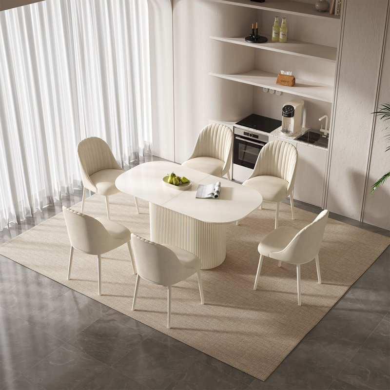 62.99" Modern Oval Cream White Dining Table Set with 6 Chairs for Kitchen, Bar, Living Room, 29.64" H x 62.99" L x 33.46" W