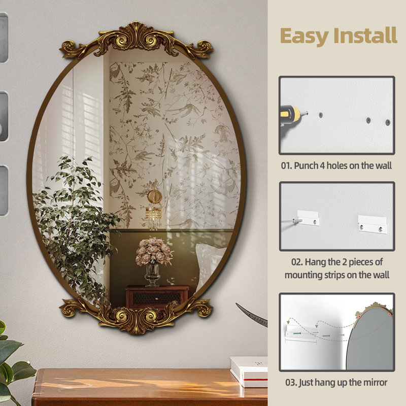 Miroir ovale en verre trempé Lunara, Doré, 35,9 po x 24,1 po